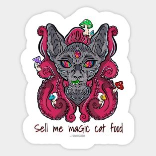 Sell me magic cat food - Catsondrugs.com - rave, edm, festival, techno, trippy, music, 90s rave, psychedelic, party, trance, rave music, rave krispies, rave Sticker